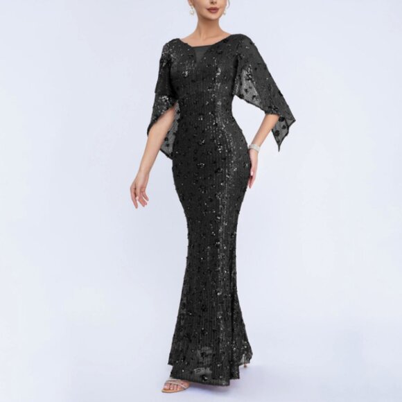 Handwork Dresses & Skirts - Black Sequin Mermaid Gown Flutter Sleeve Formal Evening Dress